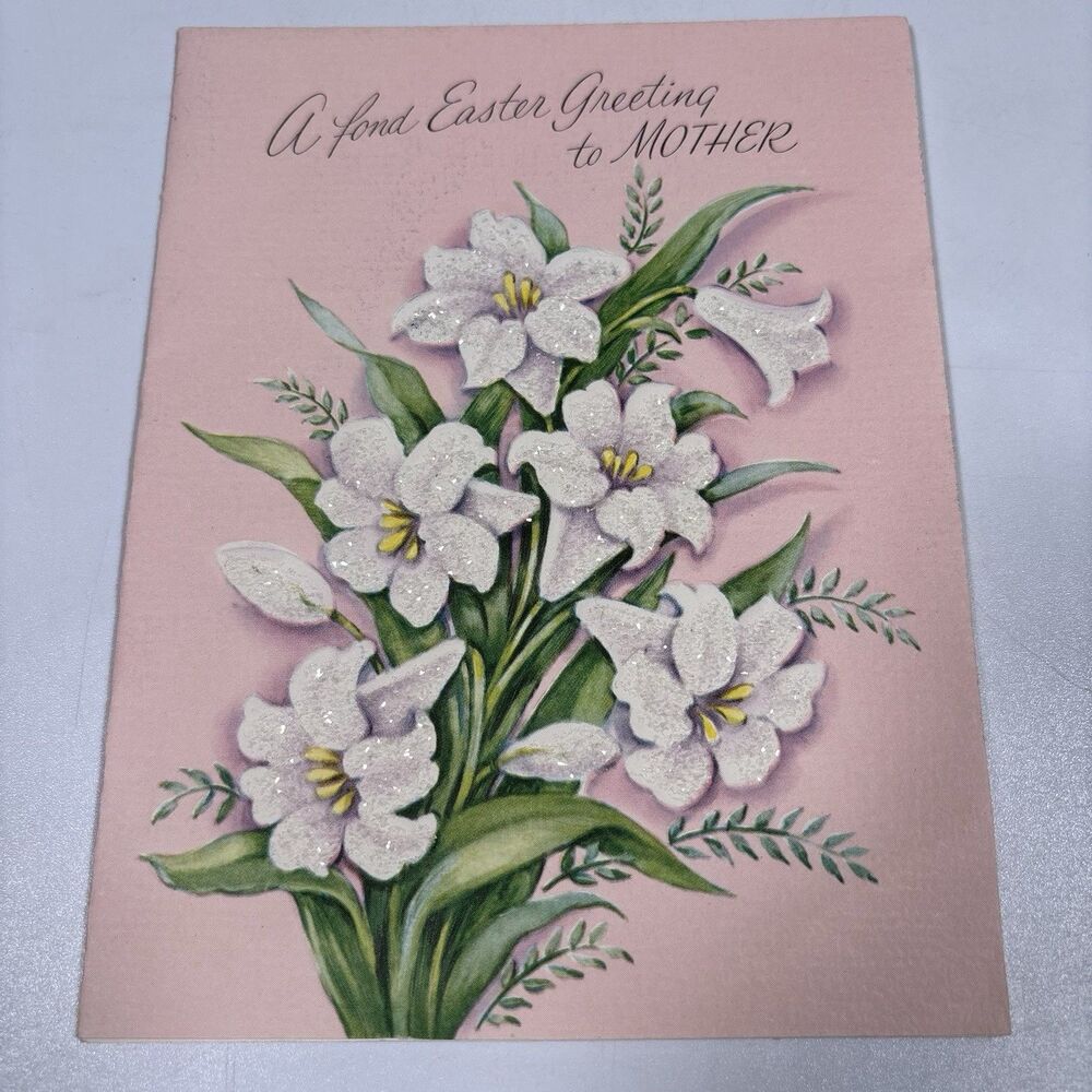 Vintage Easter Greeting Card Mother Glitter Lilies Dreyfuss Gracious Greetings